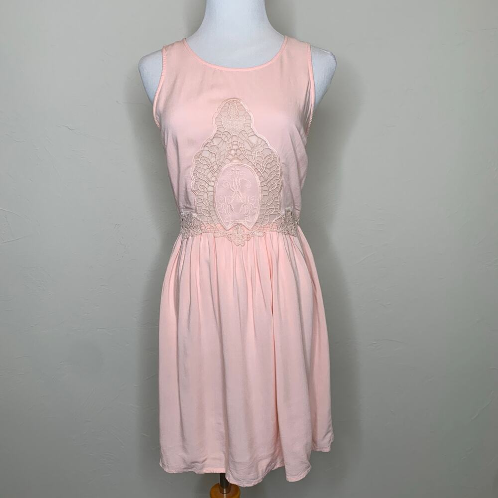 Pale Peach Pink Dress Lace Inset Sz Small